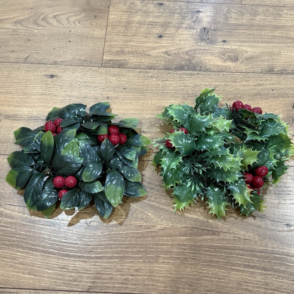Vintage Plastic‎ Christmas Candle Wreath Lot of 2 Berries Pine Holly Red Green
